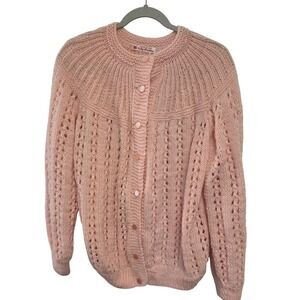 Vintage 60s Vicky Bromley Hand Knitted Pink Cable Knit Cardigan Sweater Women